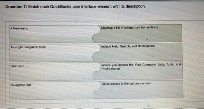 Match each quickbooks user interface element with its description